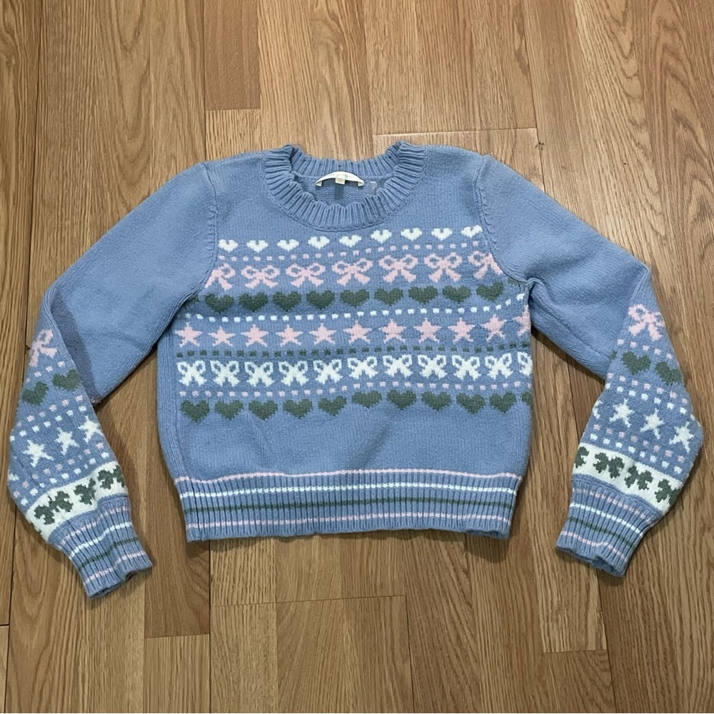 Love Shack Fancy Girl’s Medium Pullover Sweater Blue Bow ties Hearts